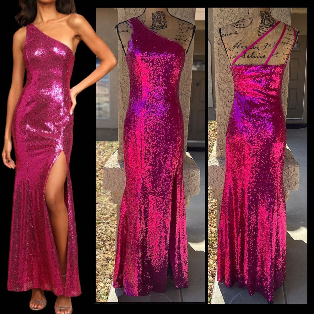 Lulus Magenta Sequin One Shoulder Mermaid Capture the Glam  Maxi Dress Size S